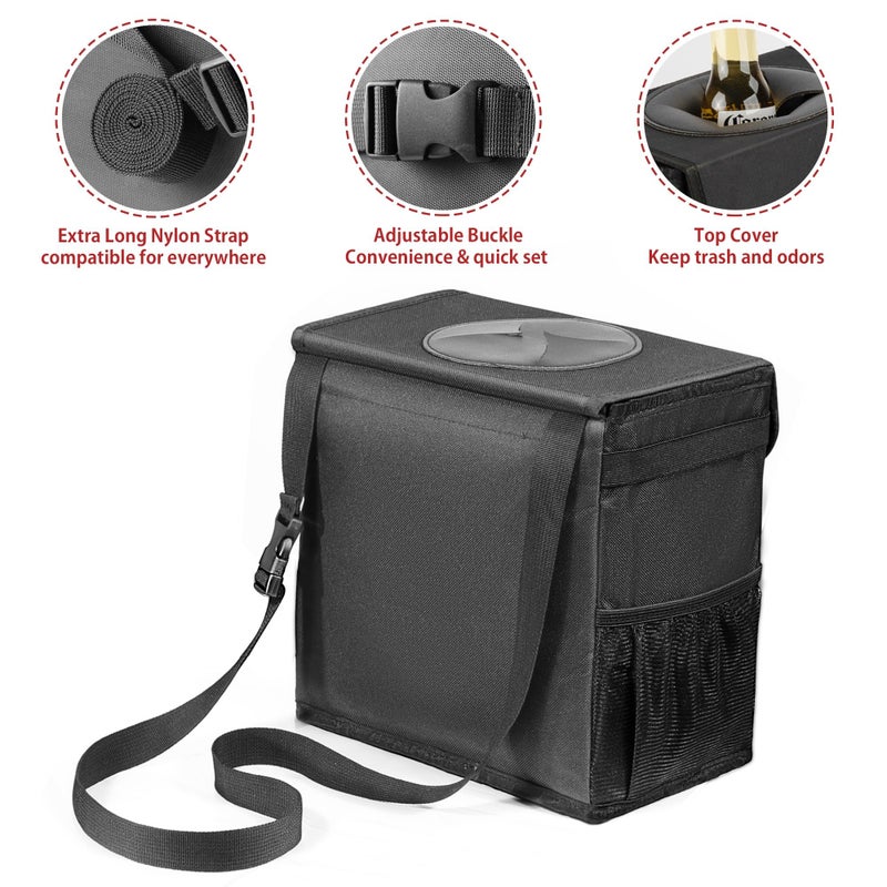 Ryhpez Car Trash Can with Lid - Car Trash Bag Hanging with Storage Pockets Collapsible and Portable Car Garbage Can with Metal Rack Support - Image 3